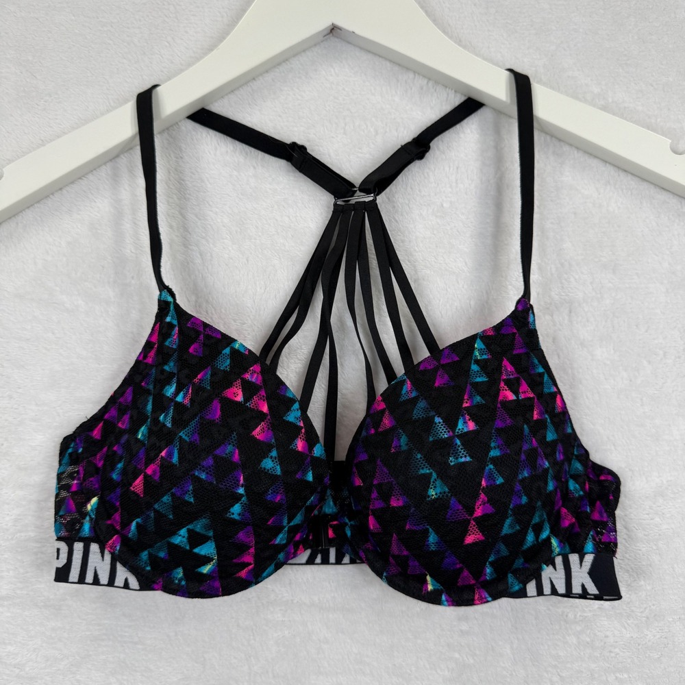 PINK Victoria's Secret Push Up Bra 32B Black Neon Geometric‎ Strappy Cage Back